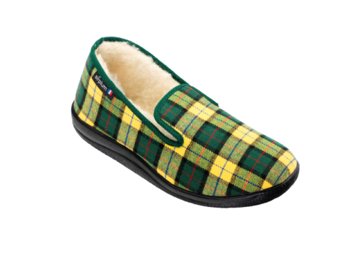 Chaussons-fourres-laine-de-mouton-AIRPLUM Chausson imprimé carreau vert flashy avec fourrage en laine