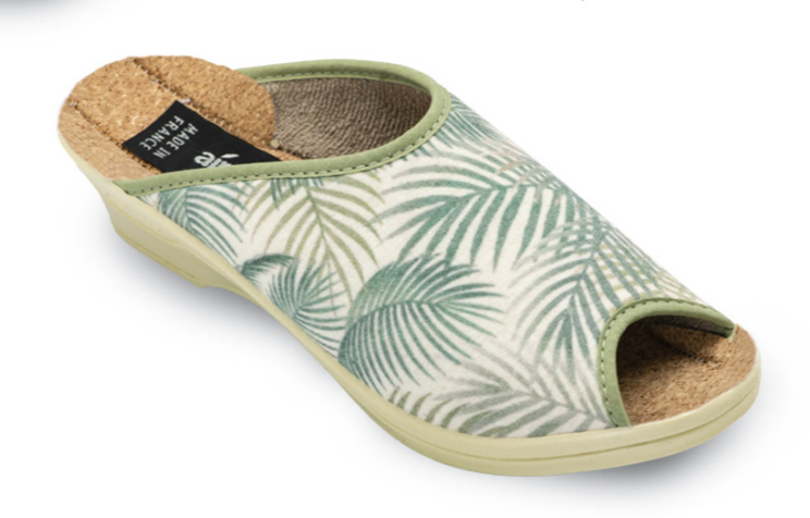 sabot avec semelle liège et dessus imprimé de feuilles