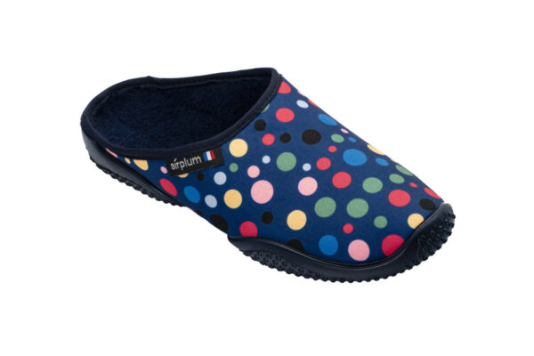 mule marine pour femme modèle BRENAN, motif disques multicolores