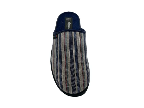 Mule fermée homme vue de haut dessus textile avec rayures bleues et blanches