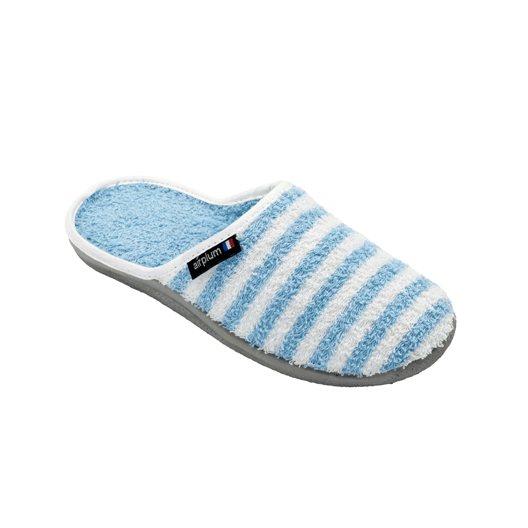 Chausson à rayures bleu ciel et blanc en tissu éponge