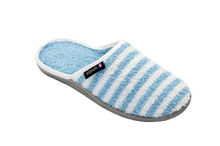 mules en tissu eponge avec dessus rayée bleu et blanc, blanc et orage