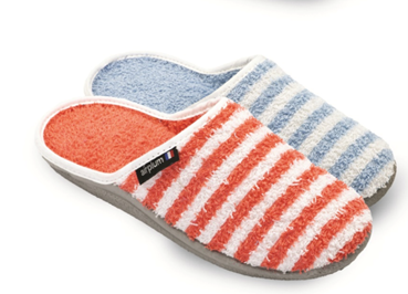 chaussons-weneto mules rayees bleu-ciel et corail