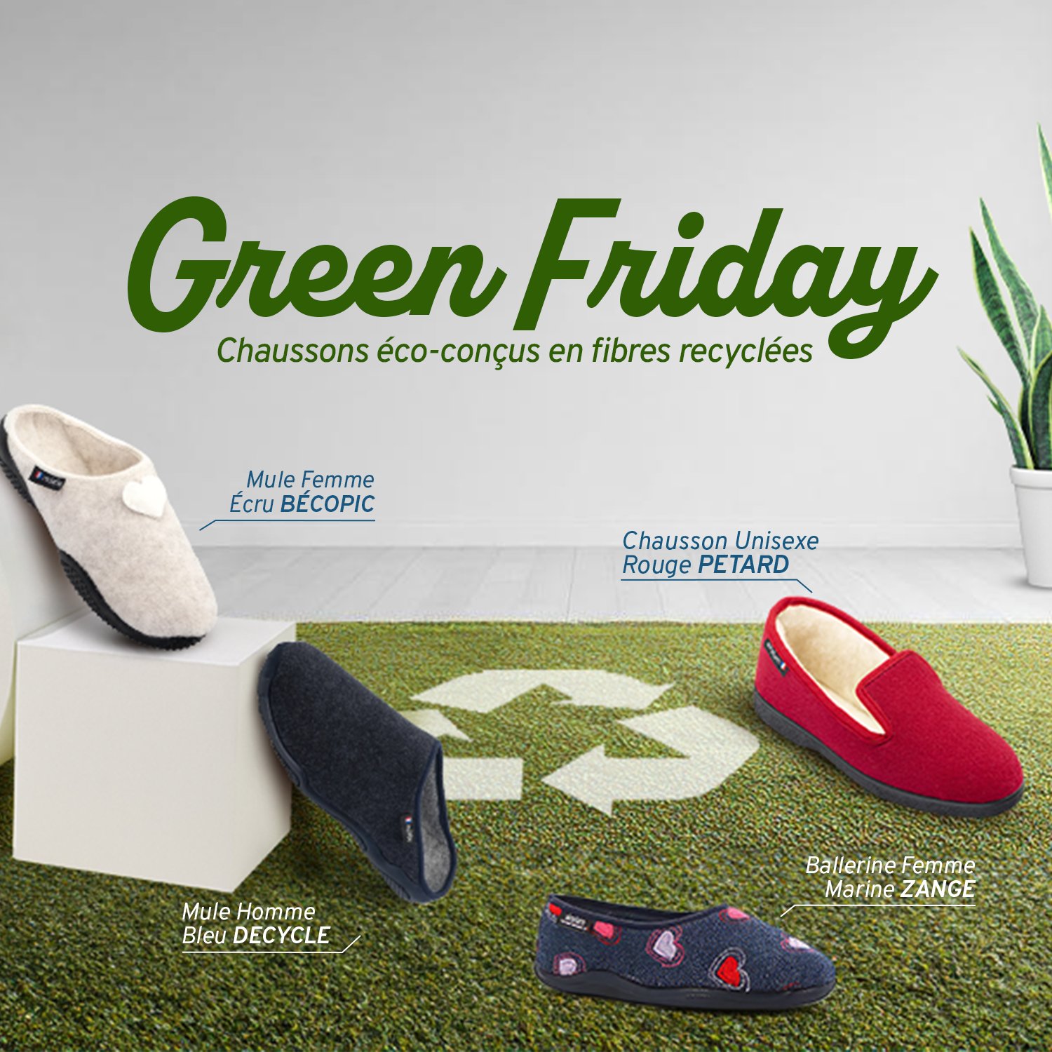 tapis herbe synthétique avec plusieurs modèles de chaussons écoresponsables